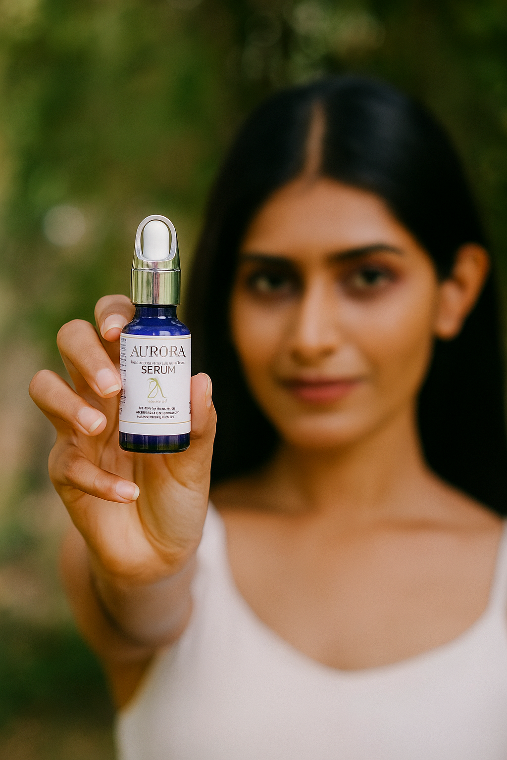 Woman holding a bottle of Aurora Serum with a blurred natural background